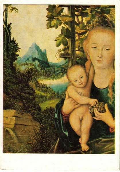   ., .      
Postal card Virgin and Child in a grape arbor by Lucas Cranach the Elder