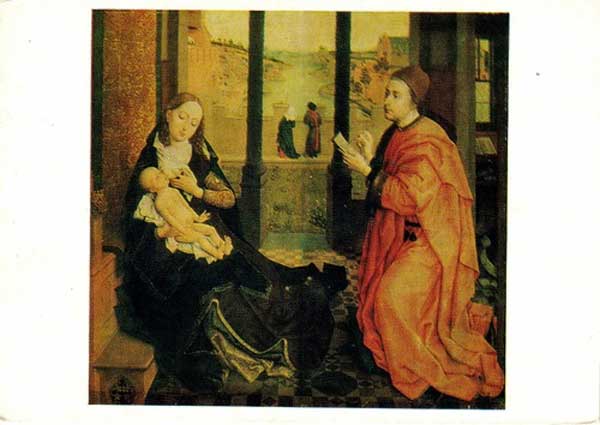   .  . ,   
Postal card St Luke painting the icon of the Virgin by Rogier van der Weyden